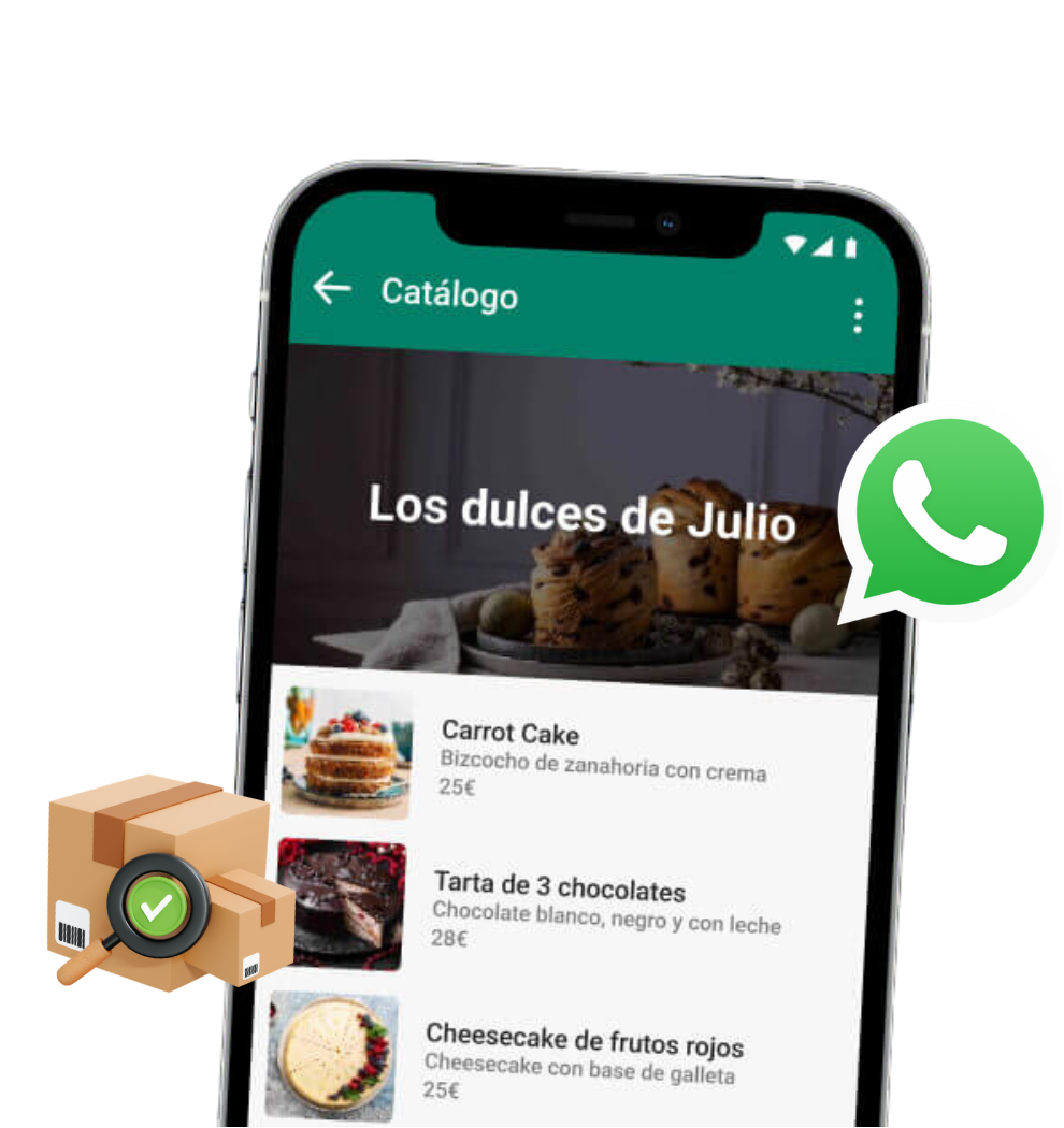 Catálogo de WhatsApp de una pastelería mostrado en un celular, con productos y precios